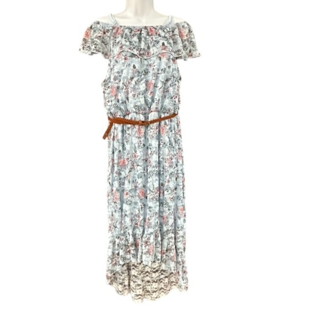 Off Shoulder Summer Dress Juniors‎ Size XXL 19 Lace Belt Blue Floral